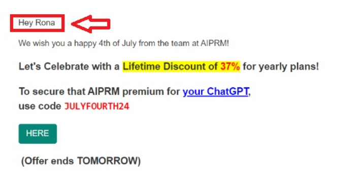 Sample of an email marketing strategies using personalized promotional email from Synergetic Digital, highlight the individualized approach in the communication.